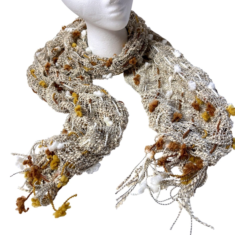 Textured Boho Tan Brown Rectangle Scarf Neutral Earthy Fairy Tassels Poms Y2K‎